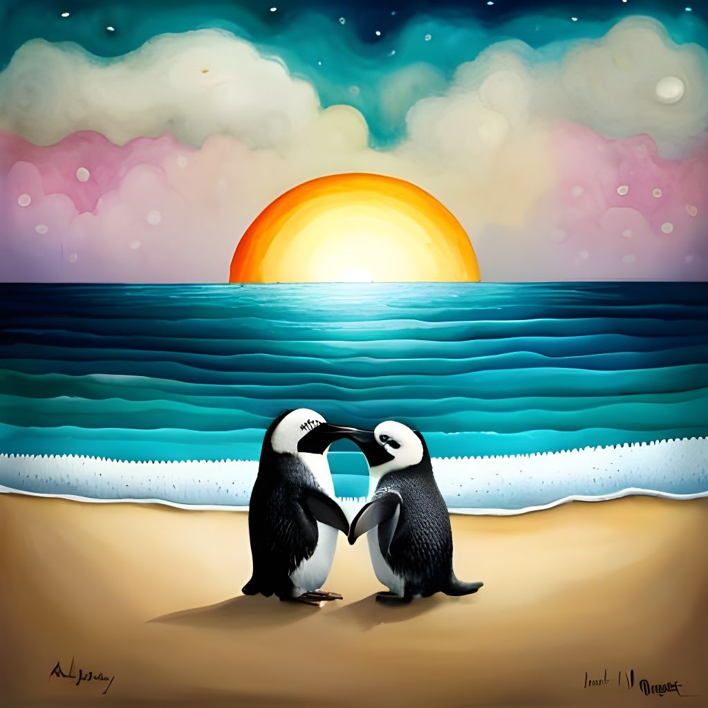 Happy Baby Penguins at the Beach in 3D Watercolour