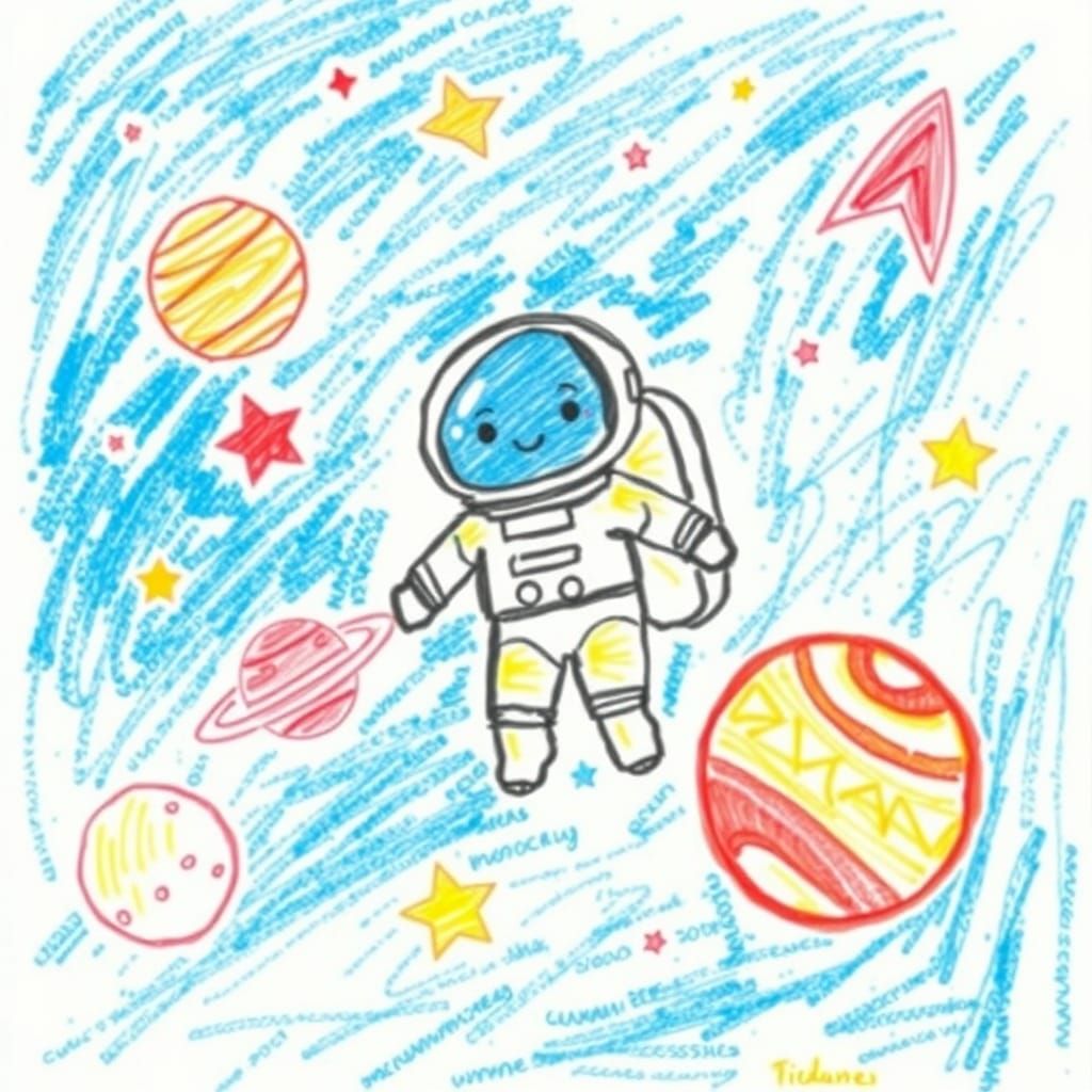 Chibi Astronaut in Space Crayon Drawing