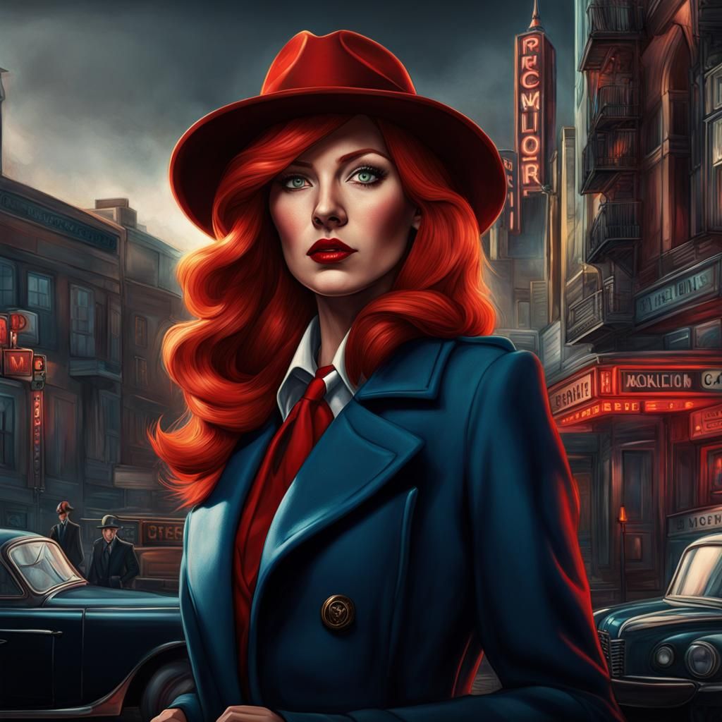 Film Noir Detective with Red Hair and Map