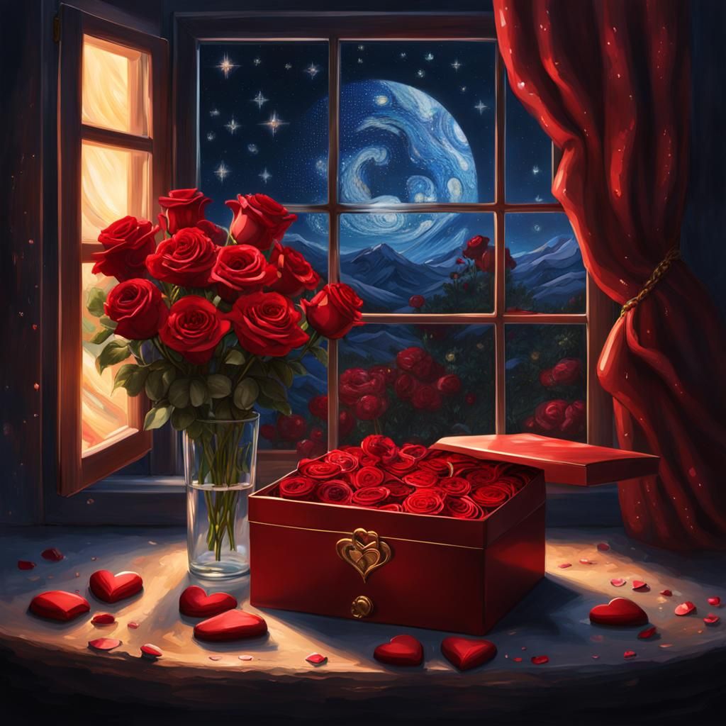 Red Roses and Chocolates Oil Painting with Starry Night