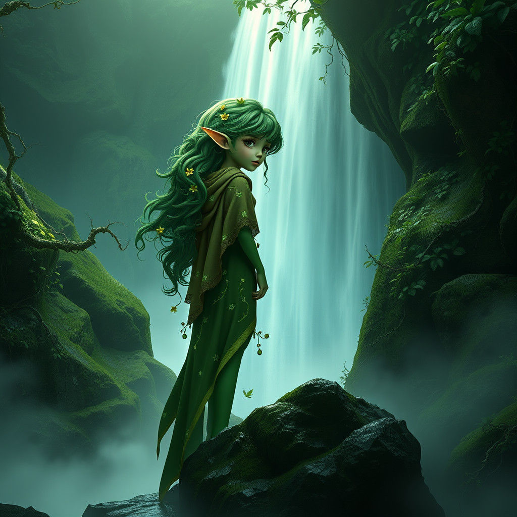 Green Elf at Waterfall: Fantasy Concept Art