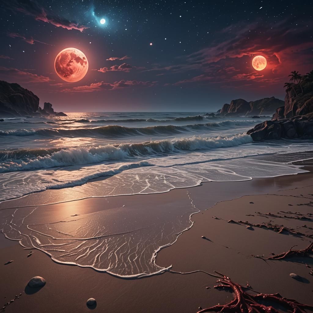 Mystical Beach on Blood Moon Night: Fantasy Art