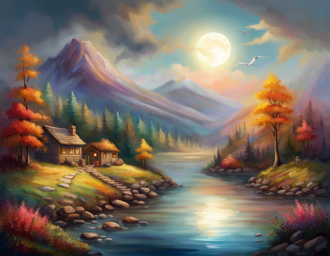 Mountain Campsite at Night as Pointillism Art