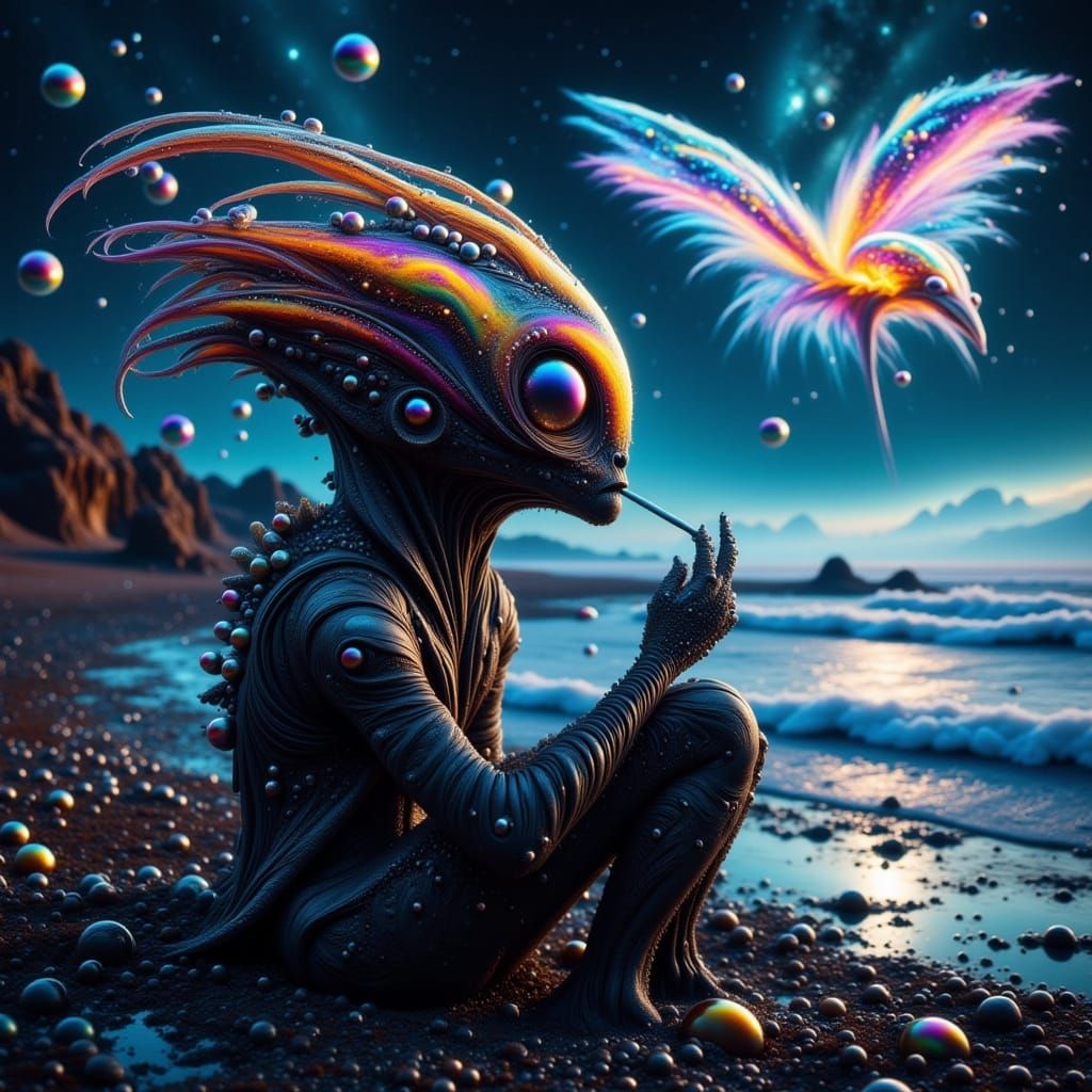Gilded Alien Smokes on Moonlit Beach