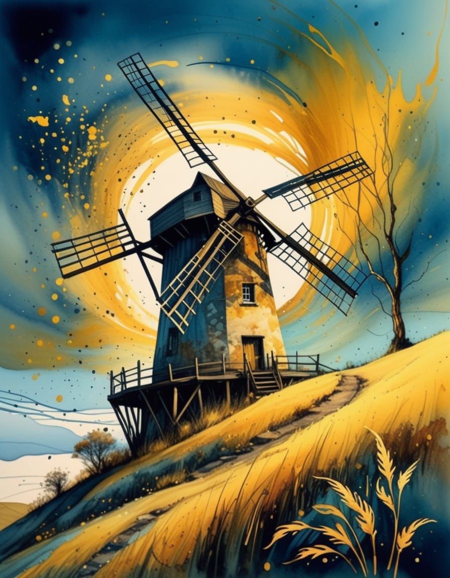 Windmill on Hill in Watercolor Painting Style