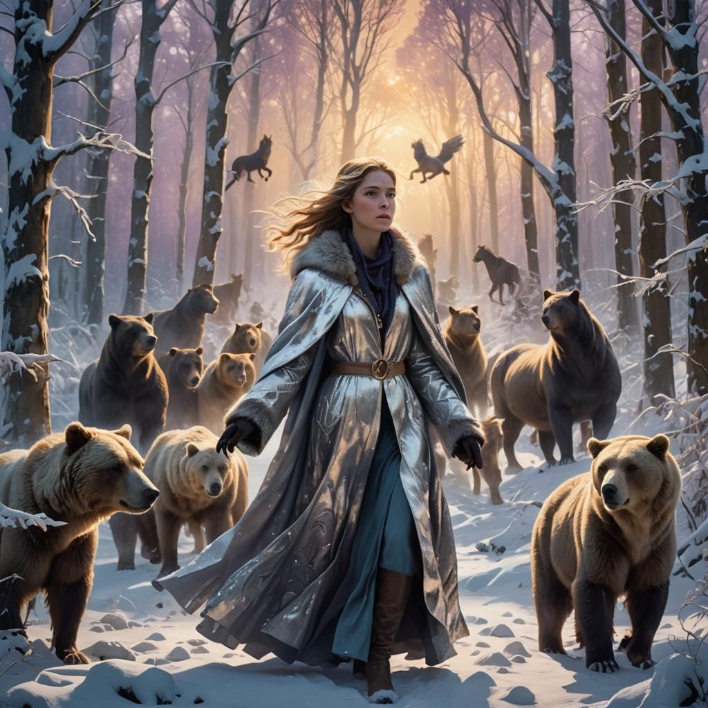 Ethereal Woman in Snowy Forest, Art Nouveau Style