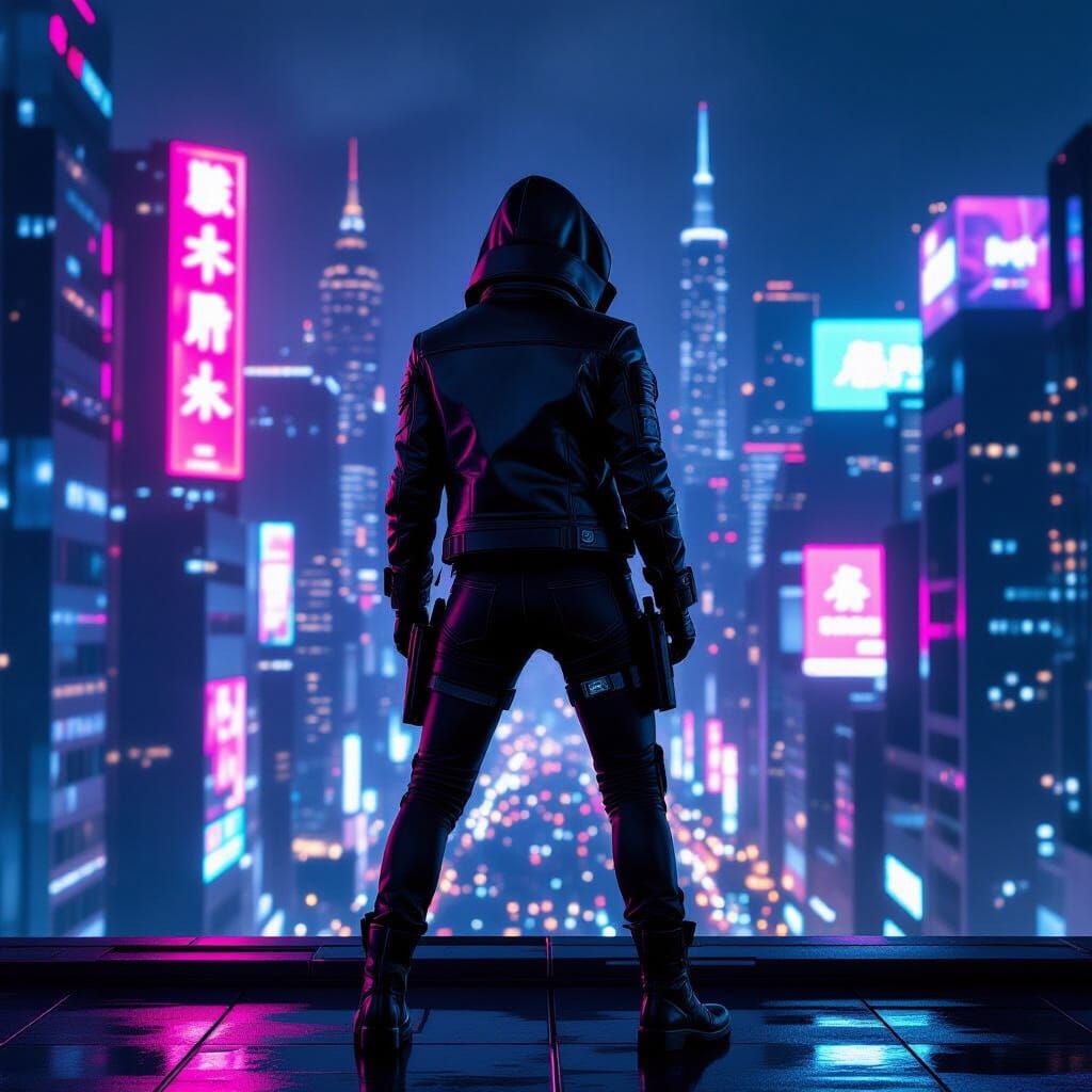 Cyberpunk Rooftop Figure in Futuristic Jacket