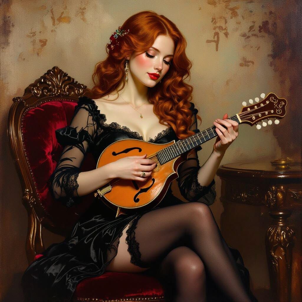 Red-Haired Woman Plays Mandolin in Romantic Oil Painting Sty...