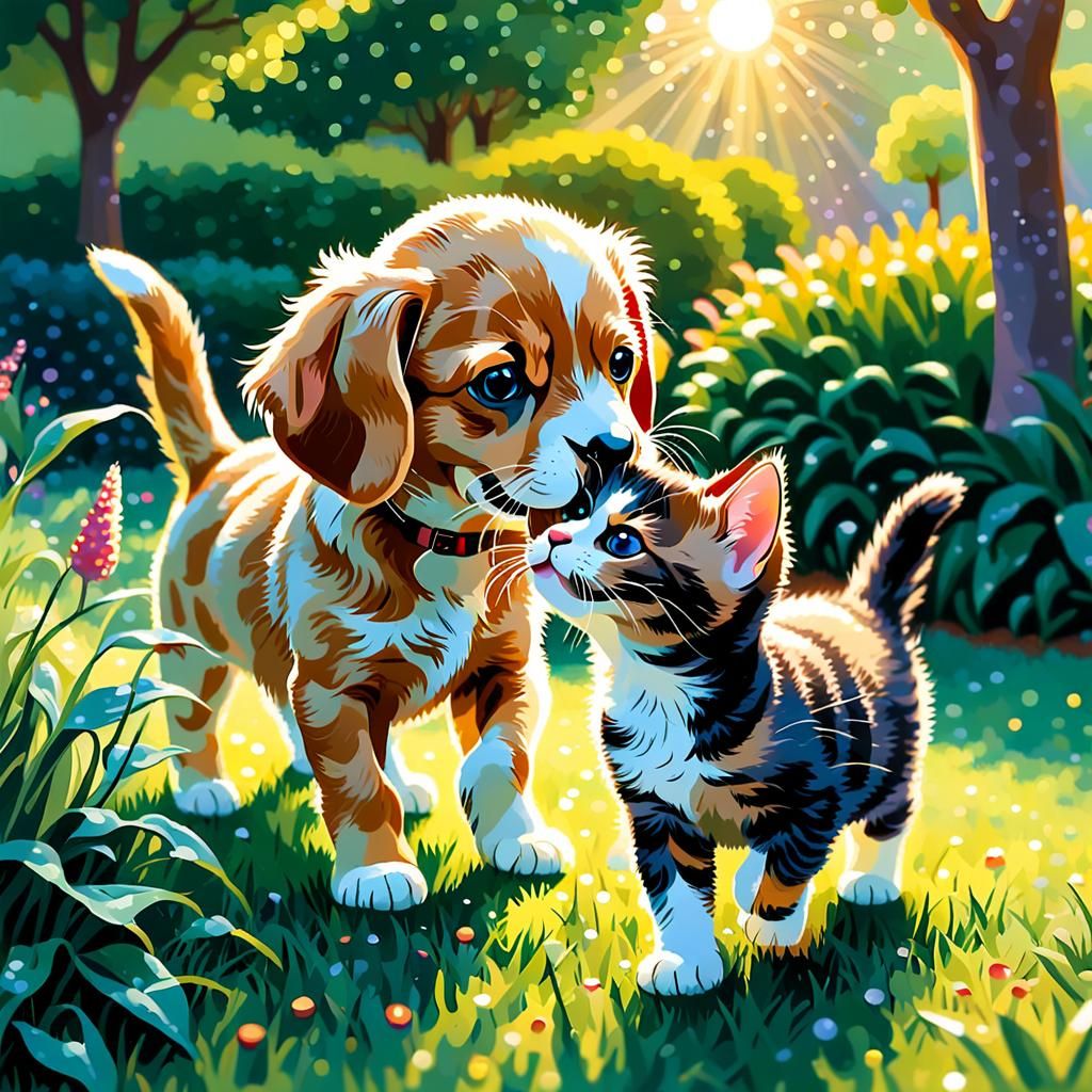 Puppy and Kitten Playing: Impressionist Pointillism