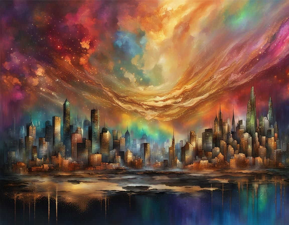 Iridescent City Aurora in Watercolor Style