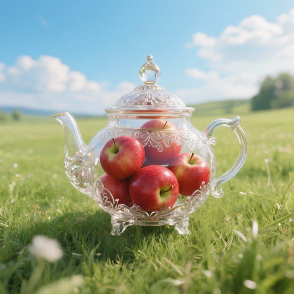 Ornate Glass Teapot with Apples, Hyperrealistic Airbrush Art