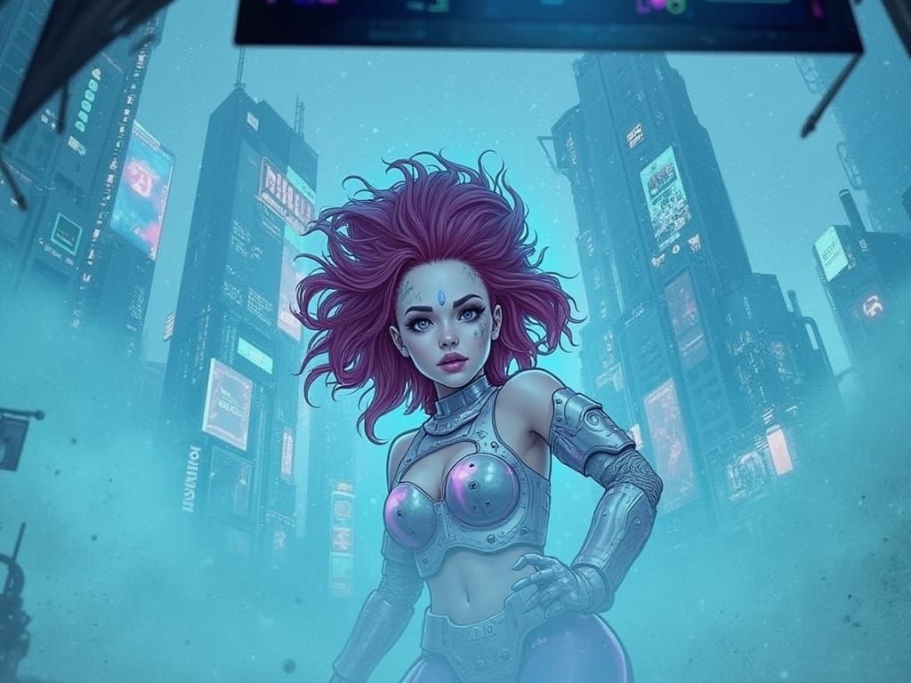 Cyberpunk Princess in Neon Armor Defies the City