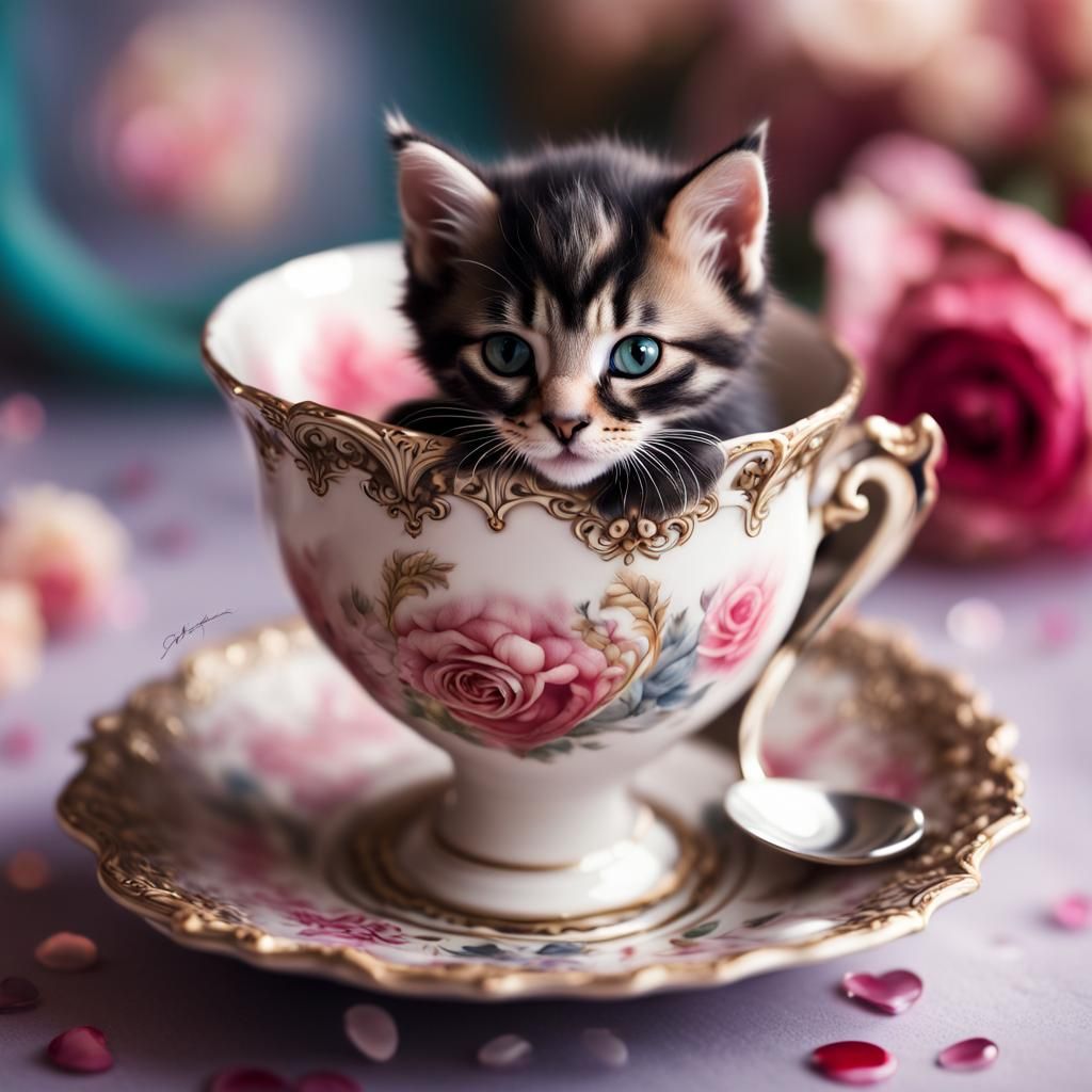 Kitten in Teacup: Hyperrealistic Digital Rendering