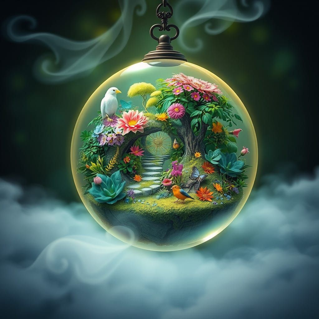 Mystical Crystal Ball Garden Scene in Dreamlike Style