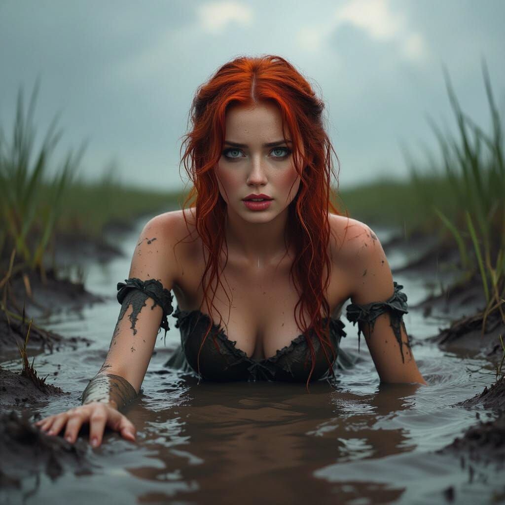 Redhead Sinking in Mud Swamp Under Stormy Sky