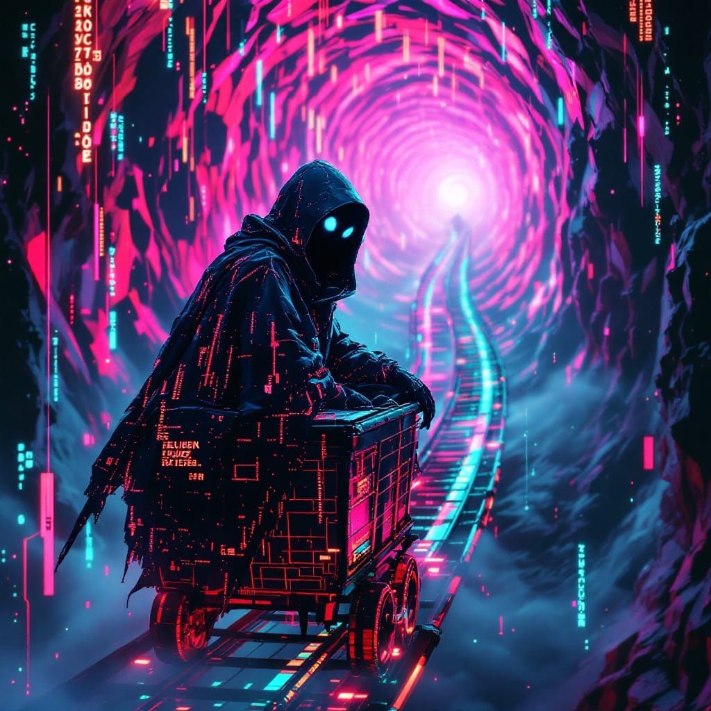 Digital Specter in Cyberpunk Landscape with Glitch Art