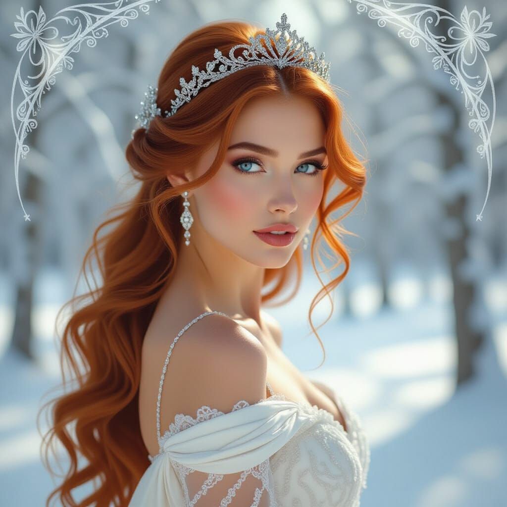 Auburn-Haired Woman in Snowy Forest, Art Nouveau Style