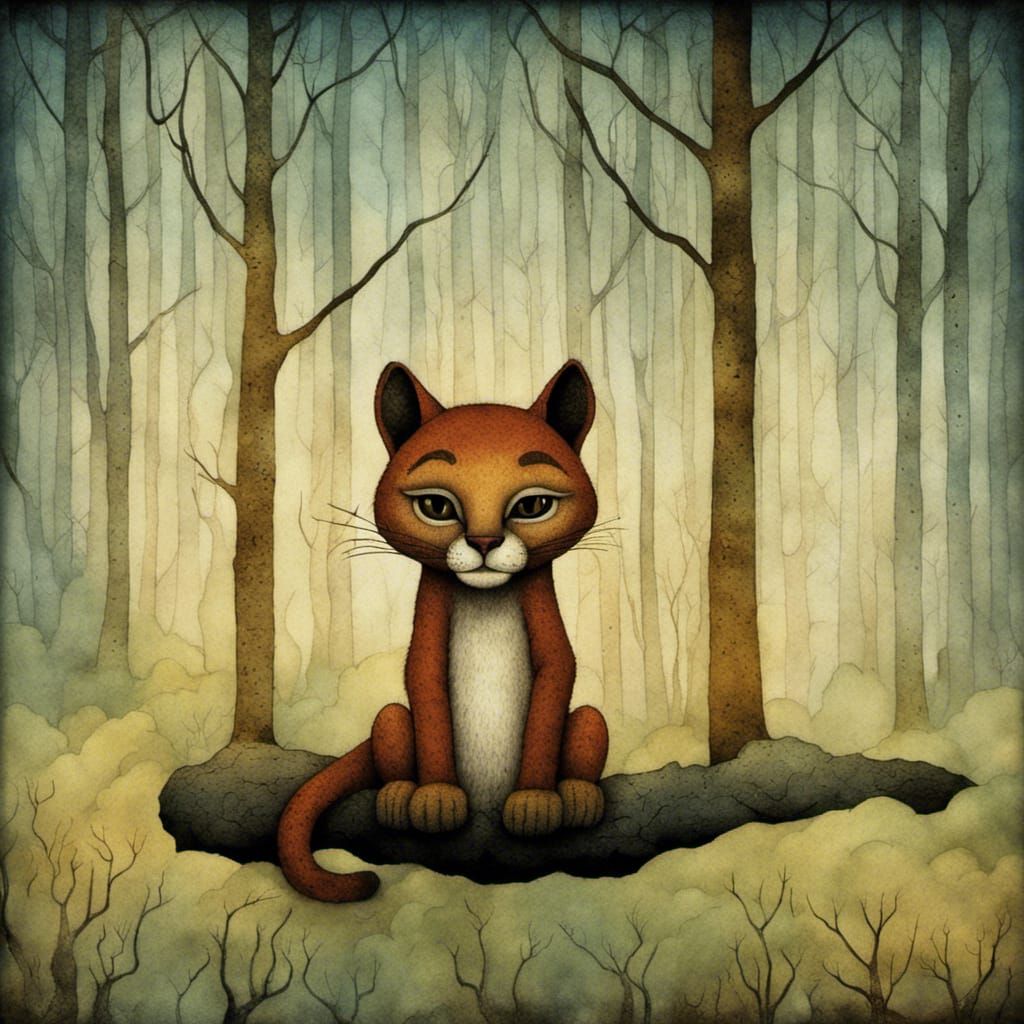Cougar Cub in Rocky Forest Illustration