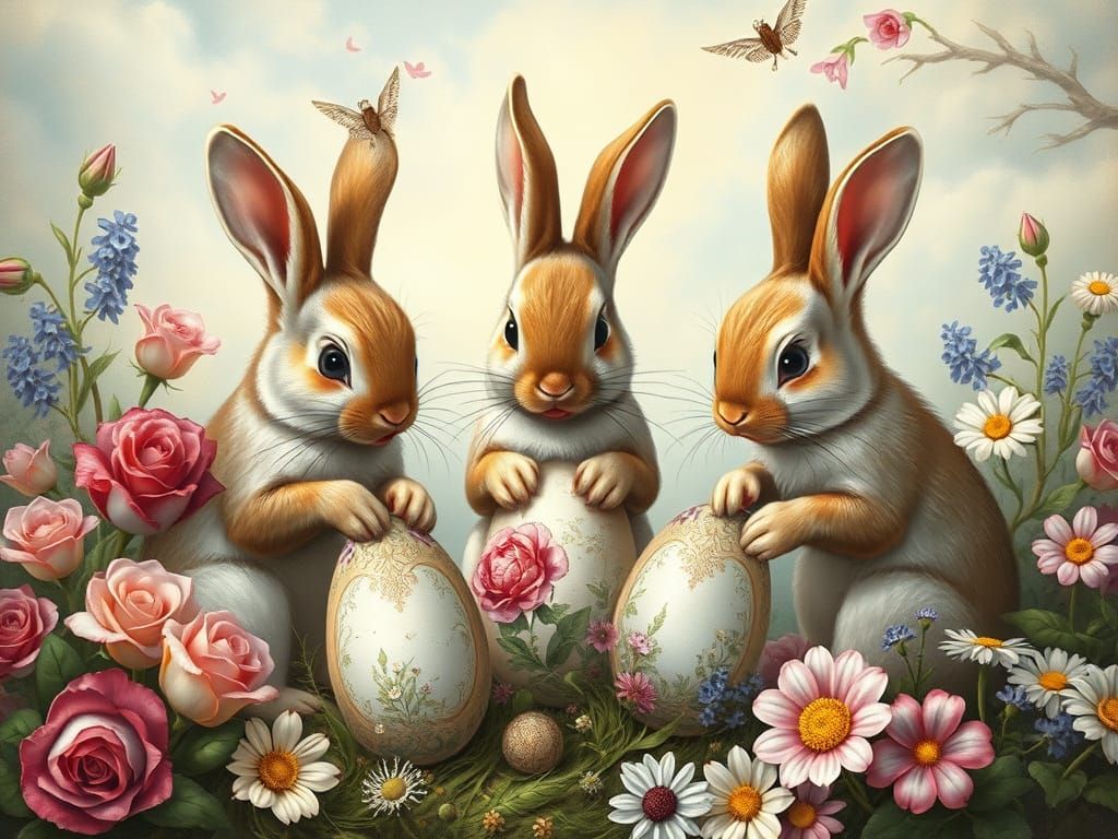 Bunnies Decorating Easter Eggs in Fairy Tale Landscape
