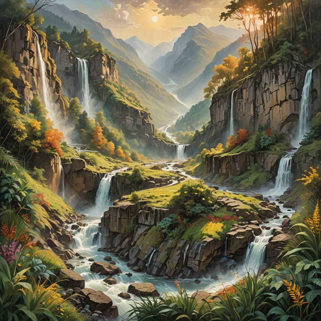 Breathtaking Waterfall Vista Through Tunnel in Oil Paint Sty...