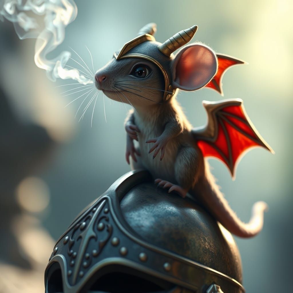 Tiny Dragon Mouse on Knight's Helmet