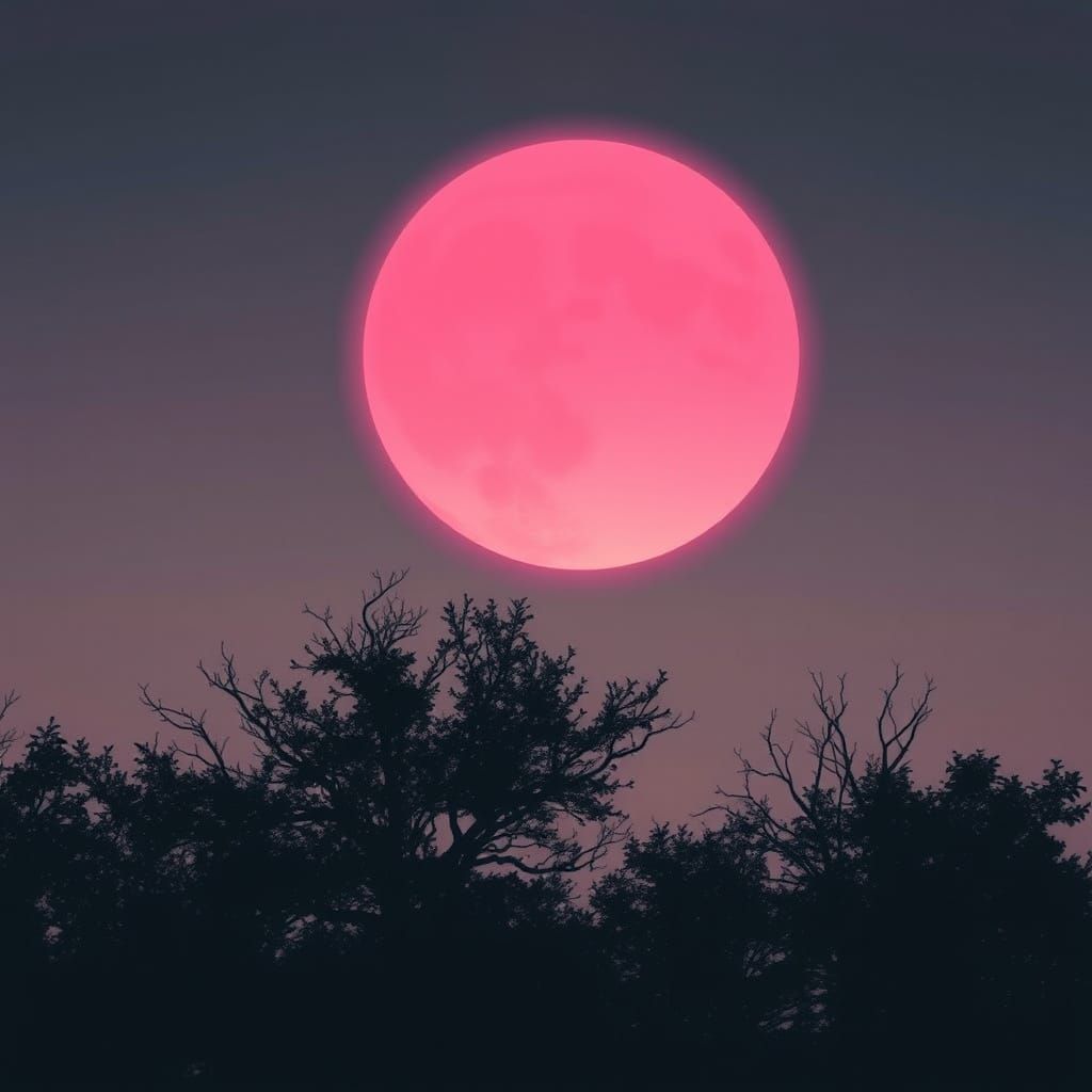 Dreamy Pink Moon Ascends Over Lush Trees in Ethereal Style