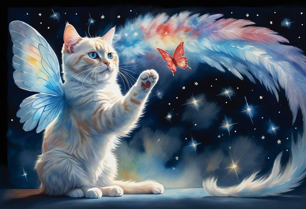 Watercolor Cat with Angel Wings and Butterfly