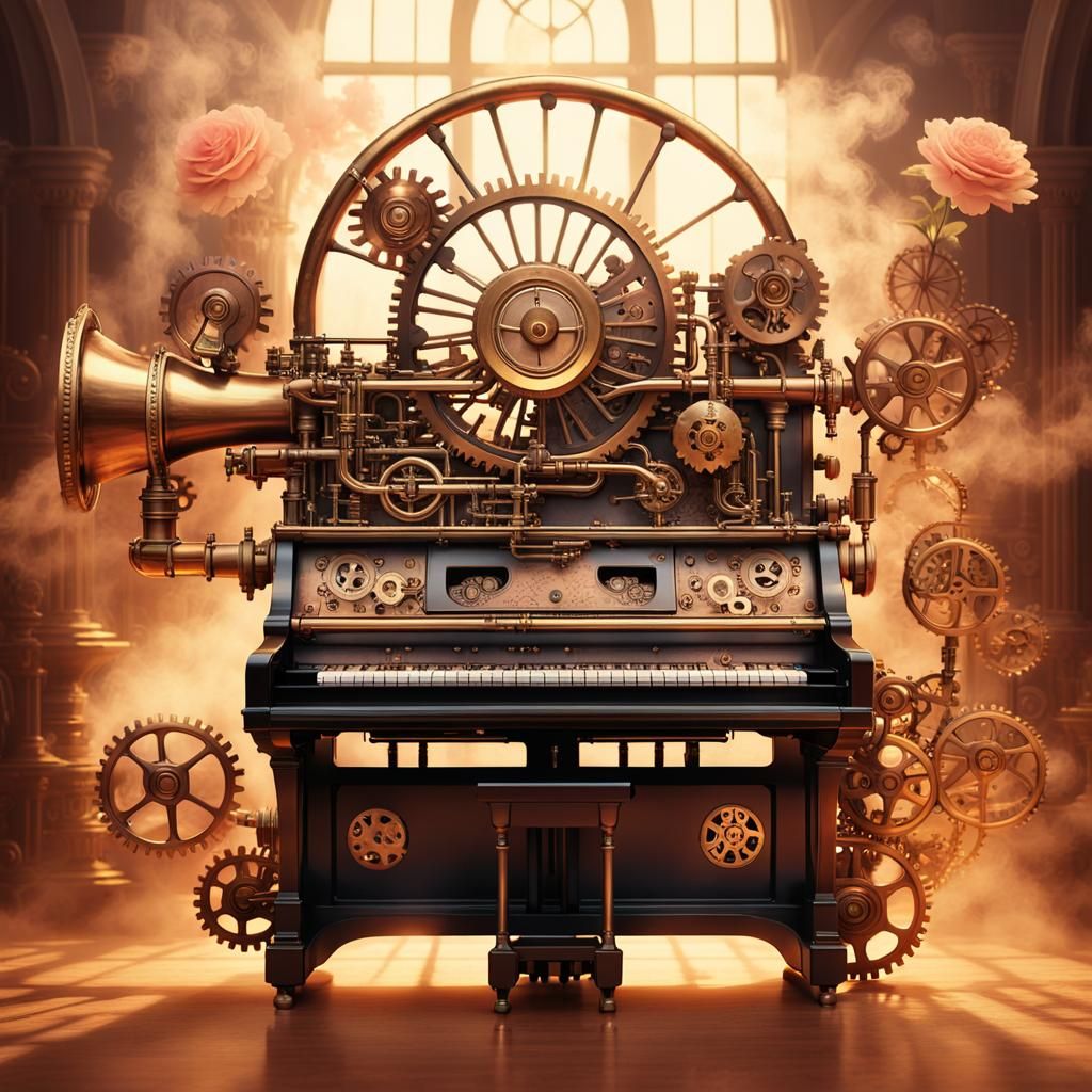 Steampunk Dancer with Brass Gears and Piano