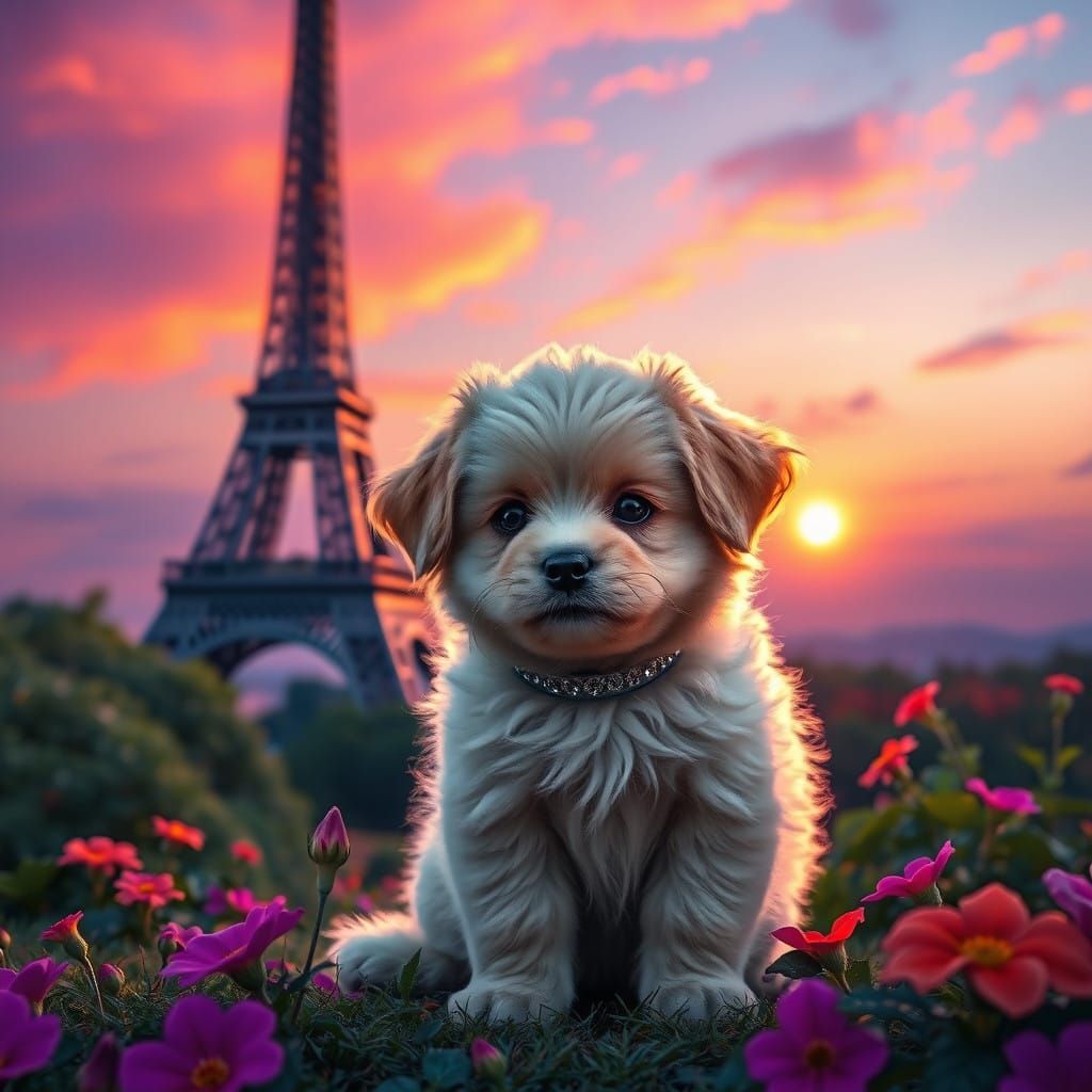 Whimsical Puppy and Eiffel Tower in Dreamlike Landscape