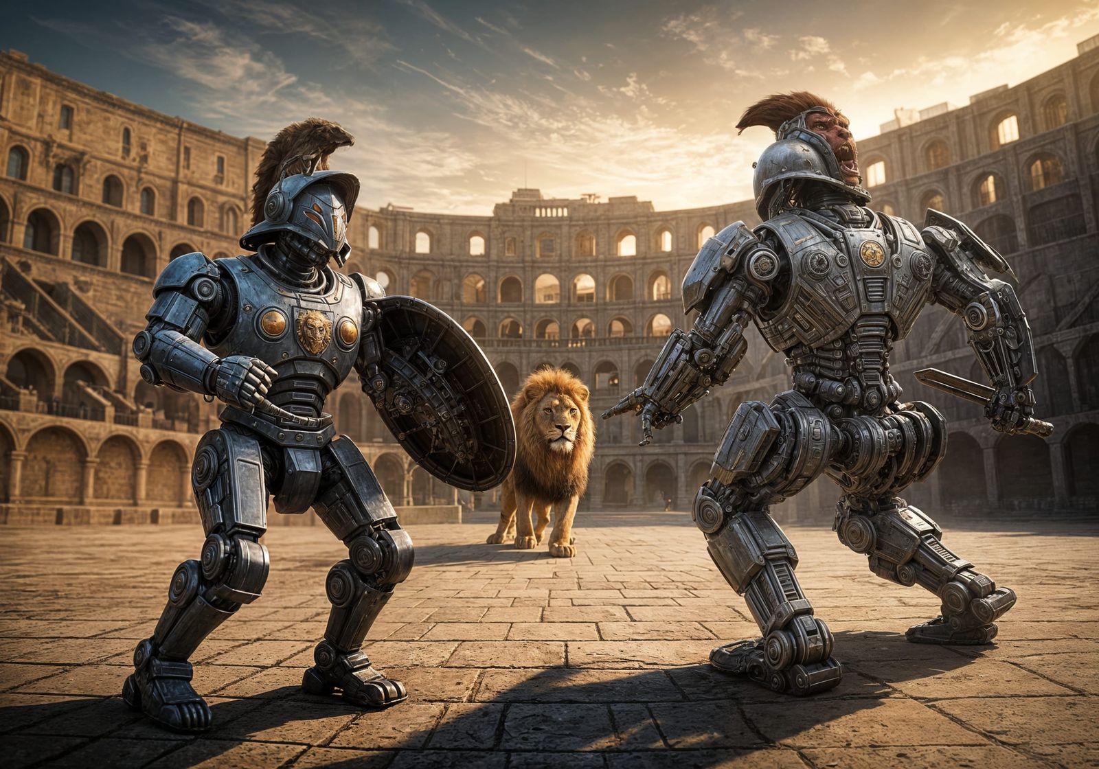 Robot Gladiators Duel in Colosseum, Professional Photography