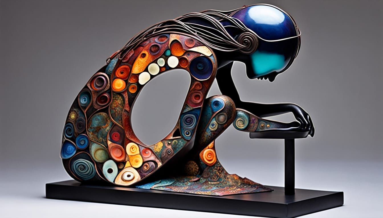 Surreal Fragmented Sculpture of a Woman Amidst a Sunset