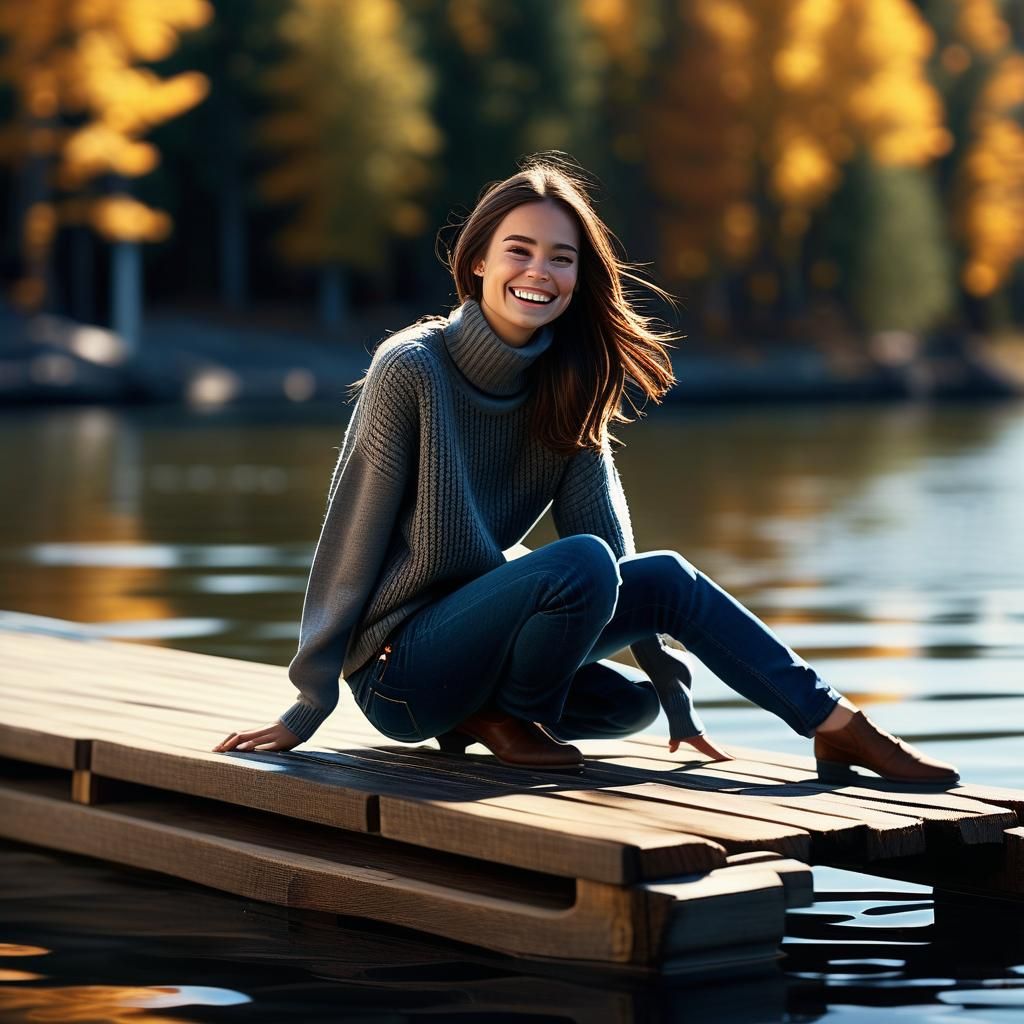 Brunette Woman Slides off Dock on Sunny Day