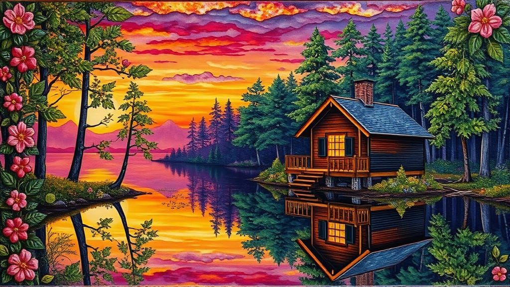 Sunrise Over Forest Lake with Embossed Metal Art