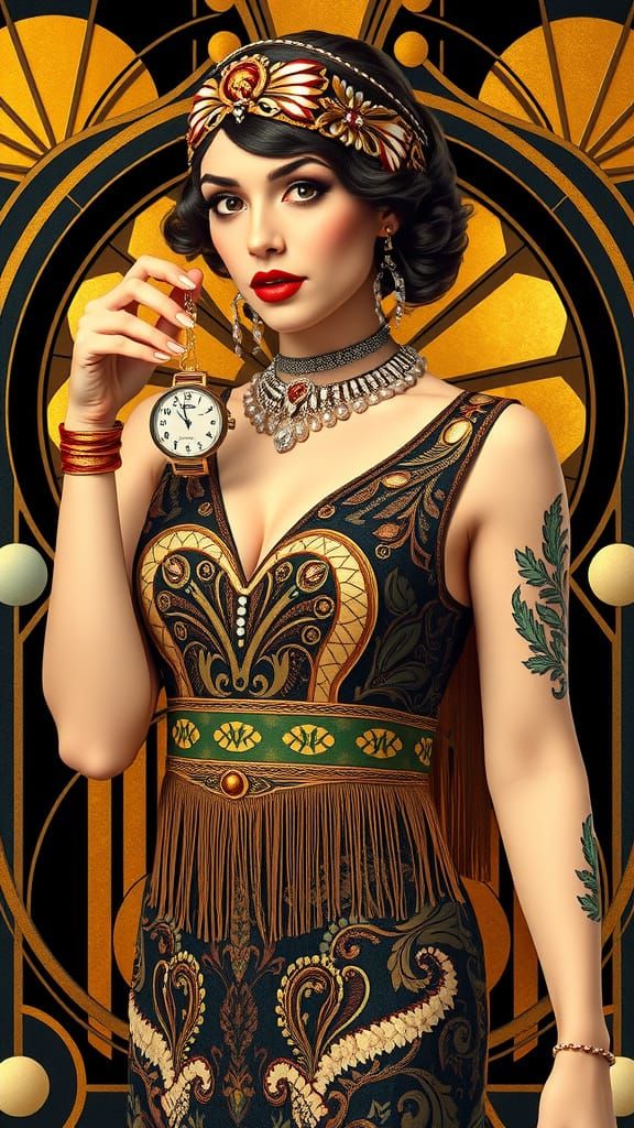 Glamorous Flapper Woman Displays Luxurious Art Deco Timepiec...