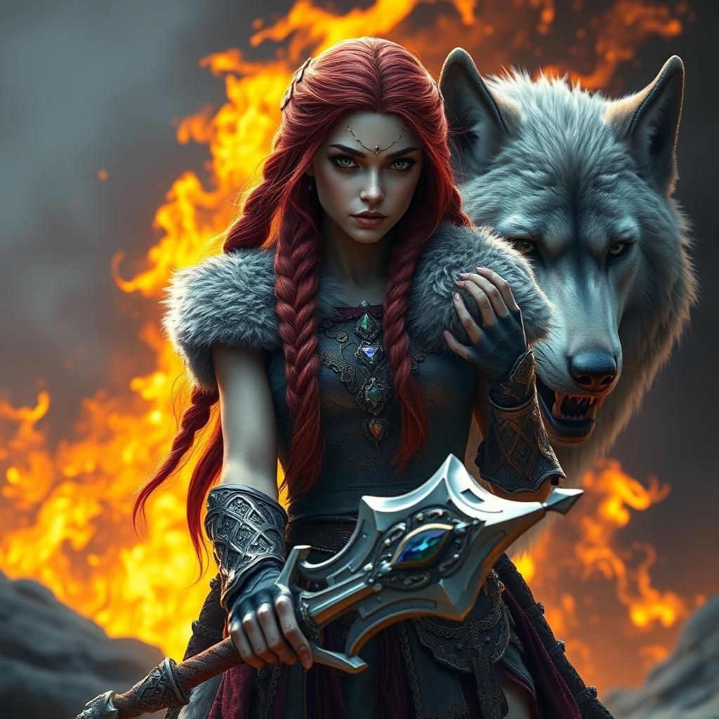 Viking Warrior Bride with Wolf, Fantasy Art