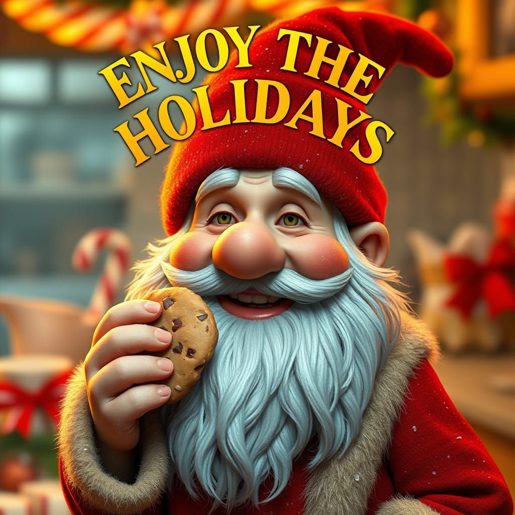 Jovial Gnome Santa Savoring Holiday Cookie