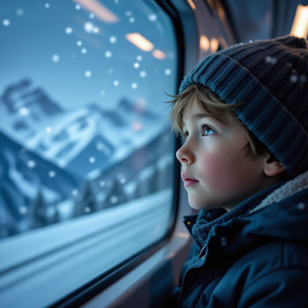 Boy Gazes at Snowy Mountains from Electric Train