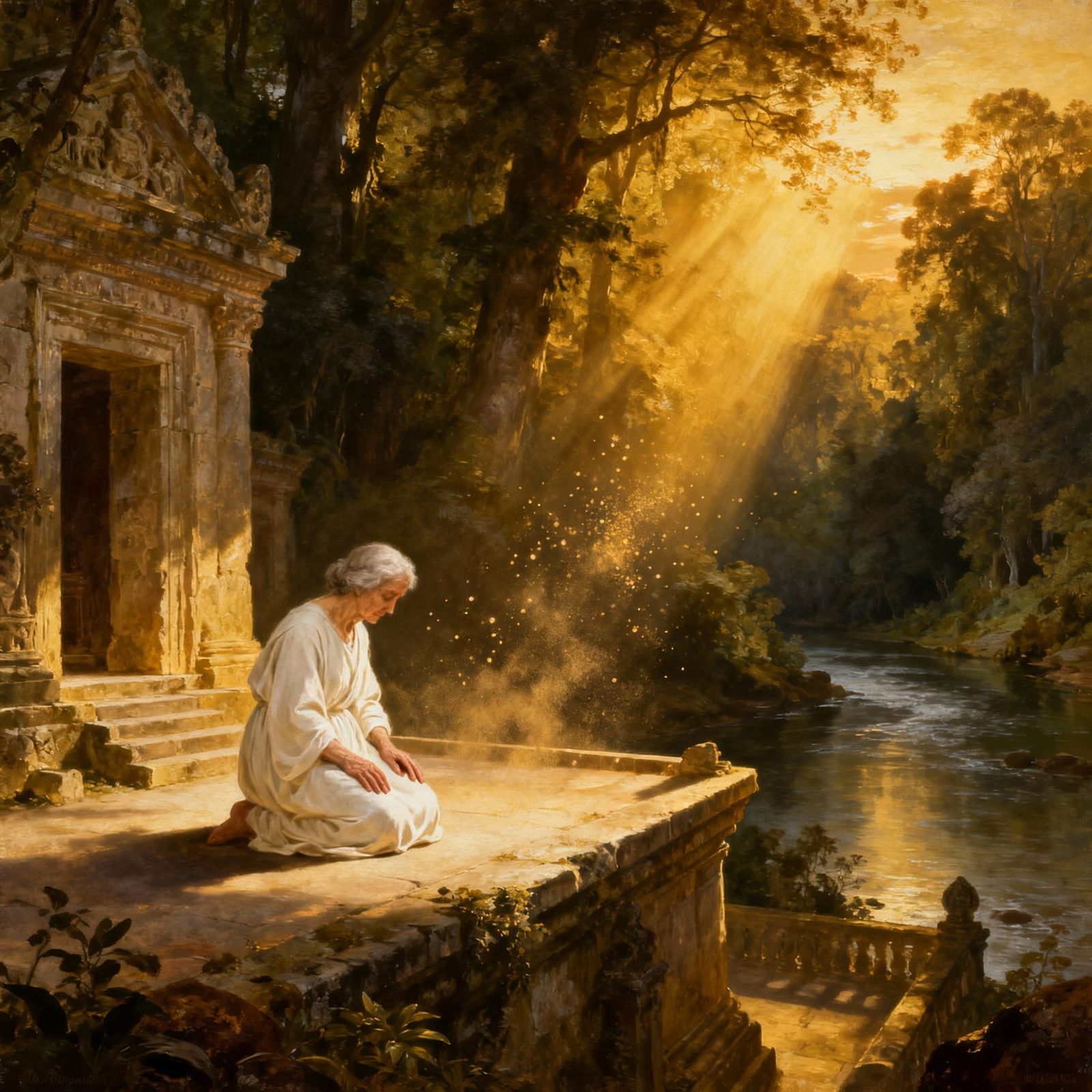 Baroque Oil Painting of Woman Praying in Sunlit Temple
