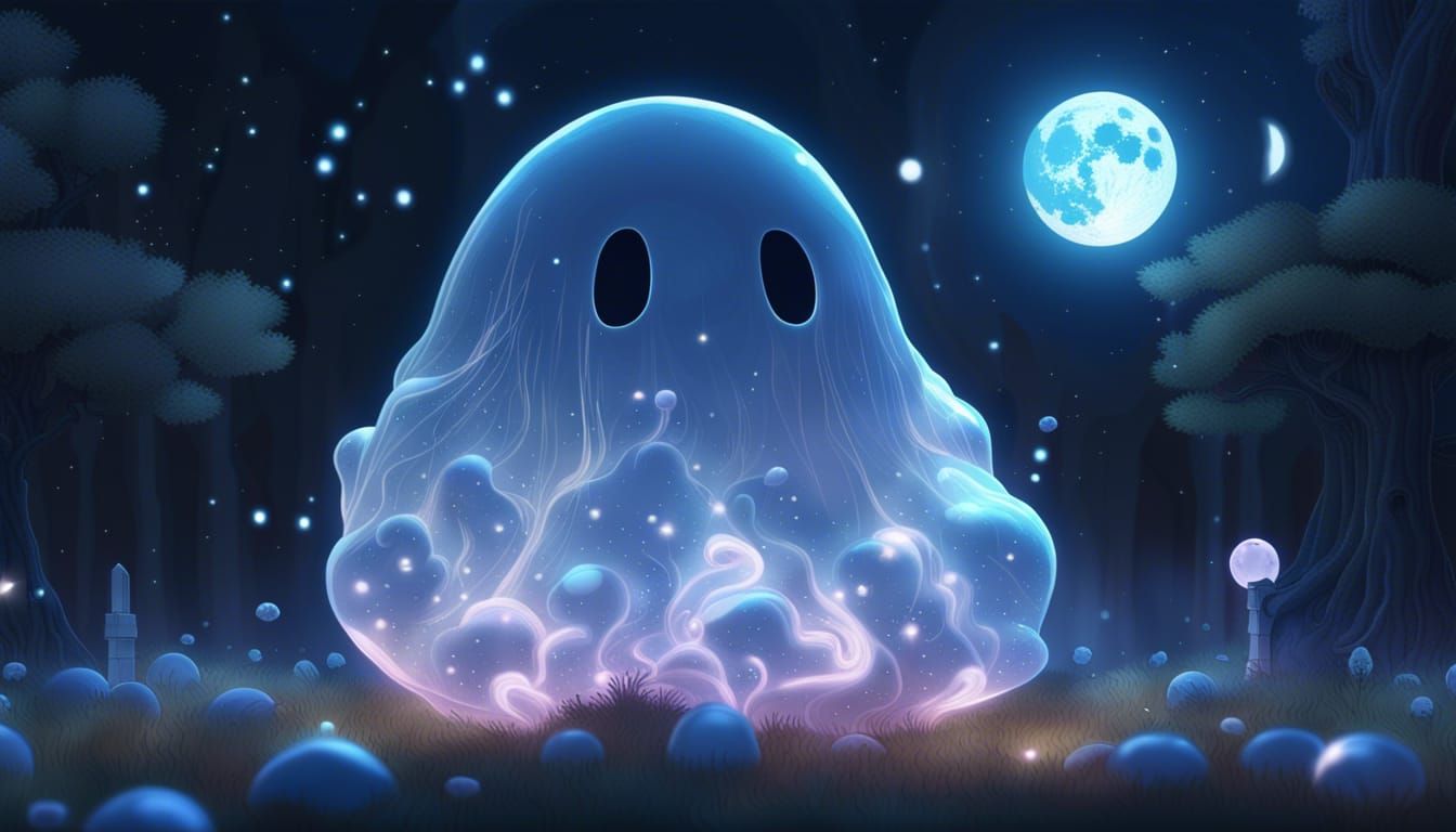 friendly transparent blob ghost, cute crystalline see-through moon adorable ghost constellation sky dark academia maxima...