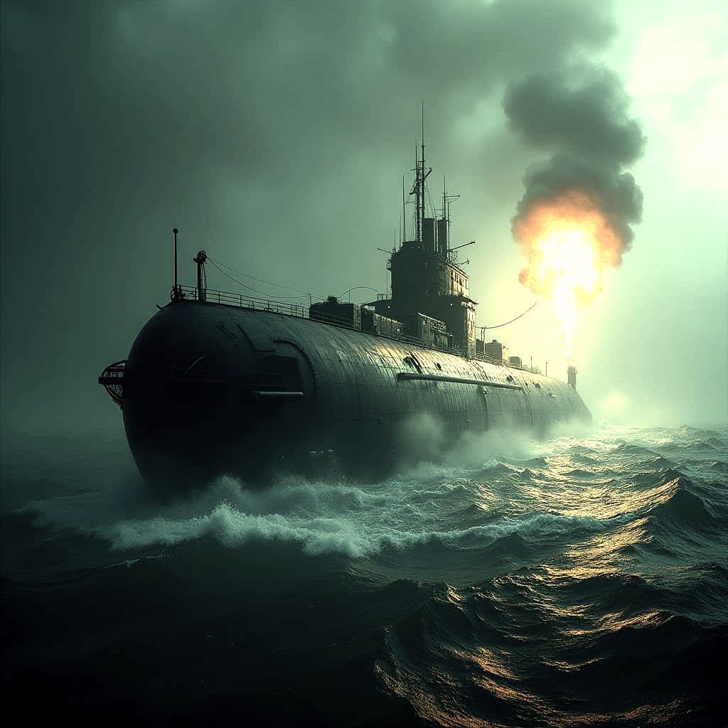 Underwater View of Depth Charges Exploding Near U-Boat