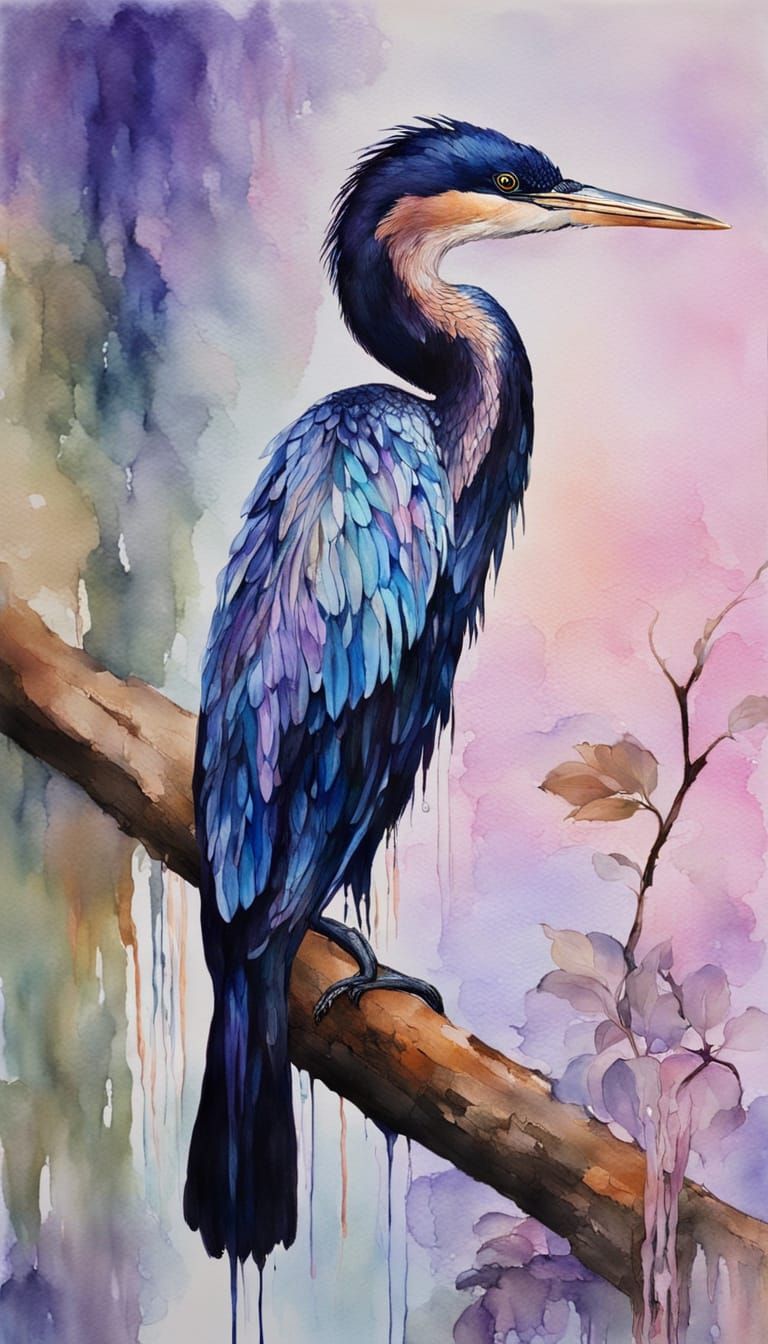 Anhinga in Wet-on-Wet Watercolor with Rose Gold Light