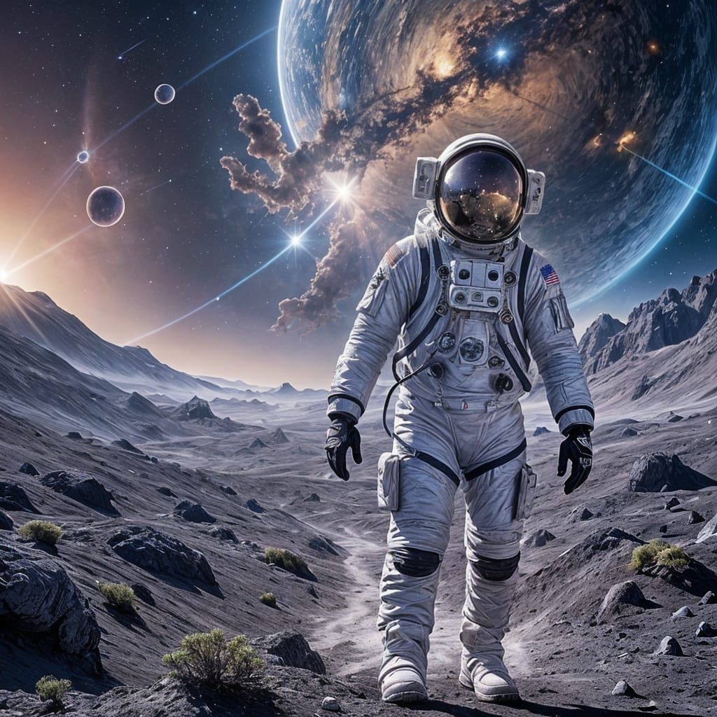 Astronaut on Alien Planet with Galaxy View