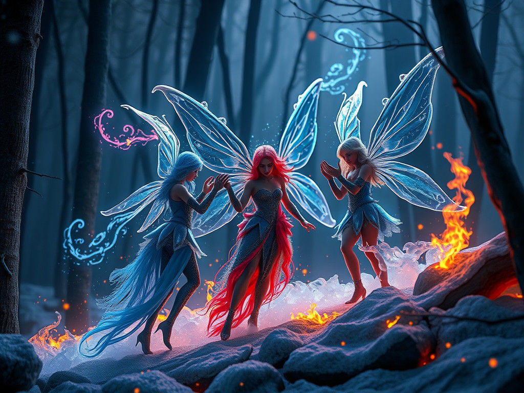 Ice Fairies' Fire Magic in Dark Woods
