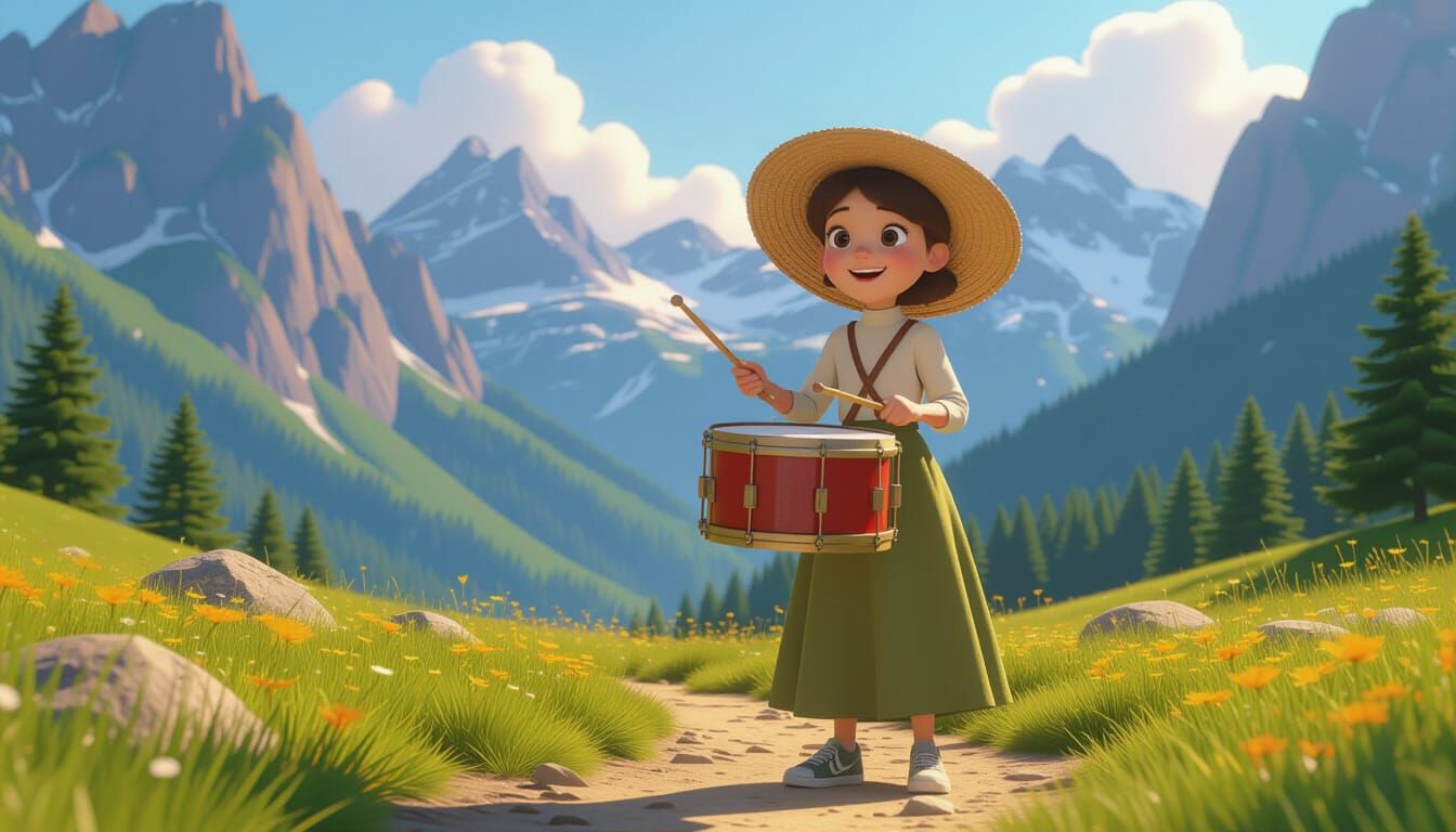 Animated Girl Plays Bucket Drum in Pixar-Style 3D