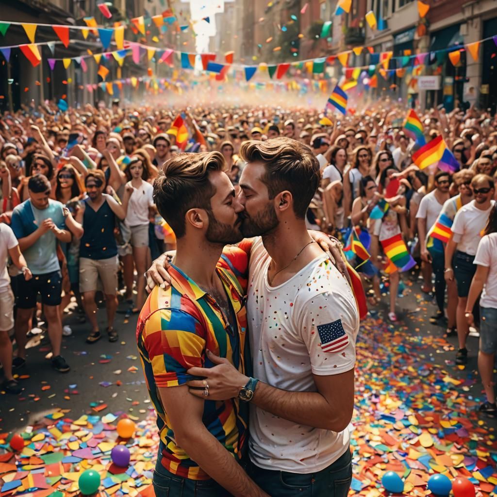 Gay Couple Embrace at Pride Parade: Cinematic Still