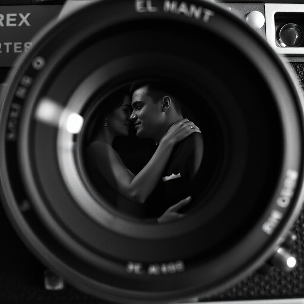 Romantic Embrace Reflected in Vintage Camera Lens