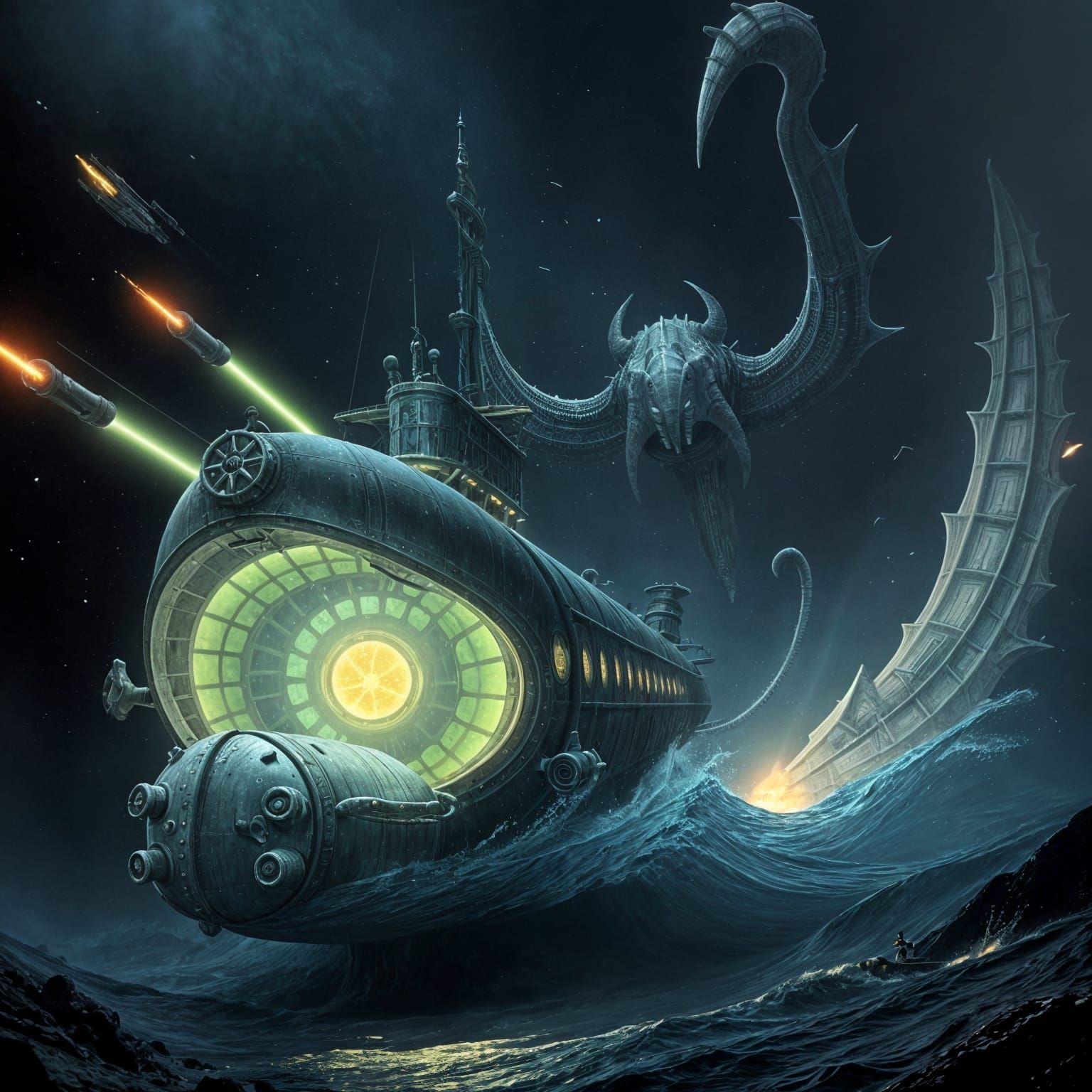 Giant Submarine Battles Cthulhu in Dark Fantasy Underwater B...