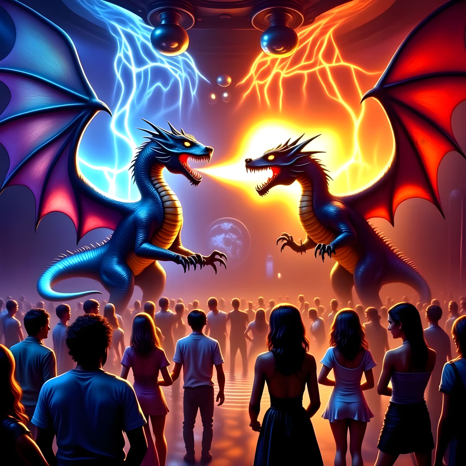 Two Dragons Dance the Night Away in a Vibrant Disco Scene
