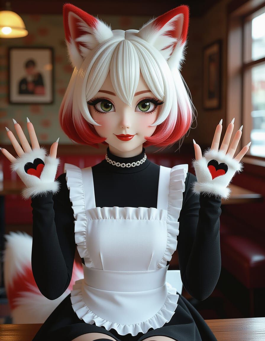 Foxgirl Waitress in Anime Style, Kyoto Backdrop