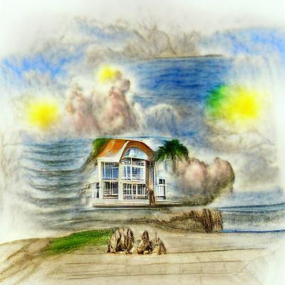 Modern Beach House with Heavenly Sunshine in Watercolor